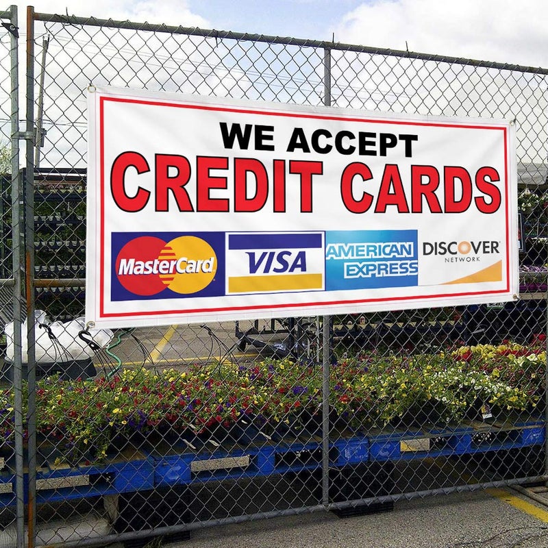 Sign Destination Vinyl Banner Sign We Accept Credit Cards Restaurant Cafe Bar Marketing Advertising Red - 12inx30in, 4 Grommets, One Banner - Image 3